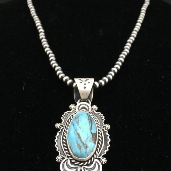 Navajo Sterling Silver Blue Necklace Pendant Ln 20 - Picture 5 of 12